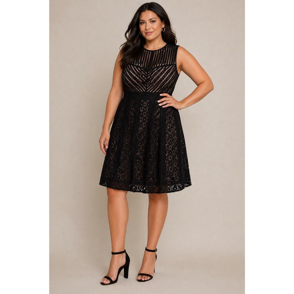New York & Company Dress Womens XL Black Lace Fit Flare Sleeveless Sheer Overlay